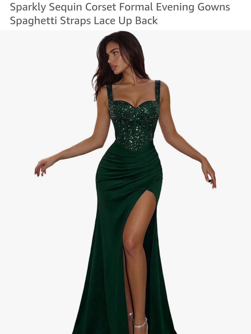 Emerald Green Sequin Corset Evening Dress with High Slit